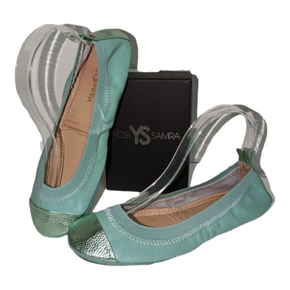 Yosi Samra Samantha Foldable Flats Mint Seafoam Green Metallic Leather Suede 7 - Picture 5 of 10